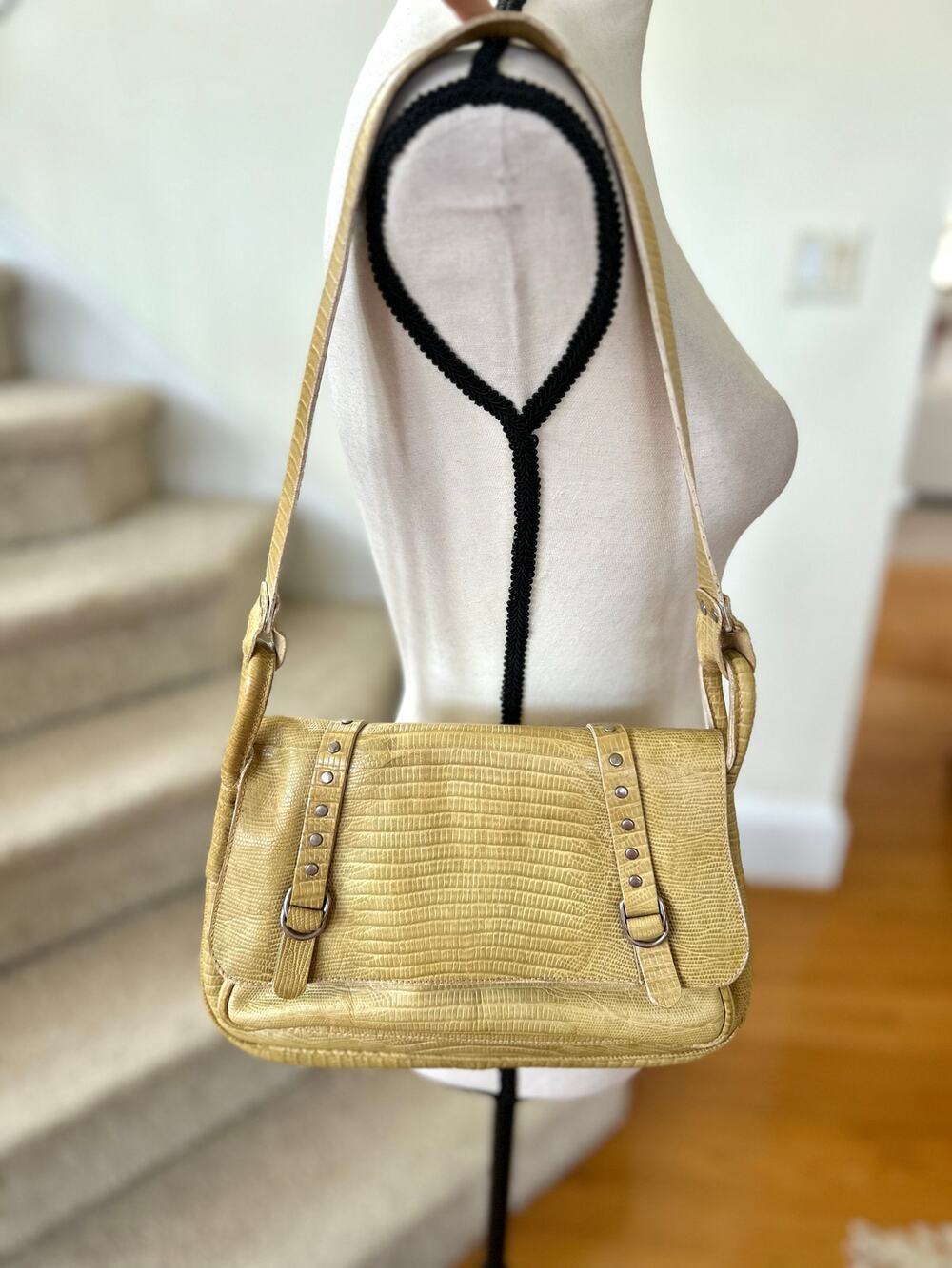 Vintage Cavalcanti Butter Yellow Studded Embossed Croc Baguette Shoulder Bag